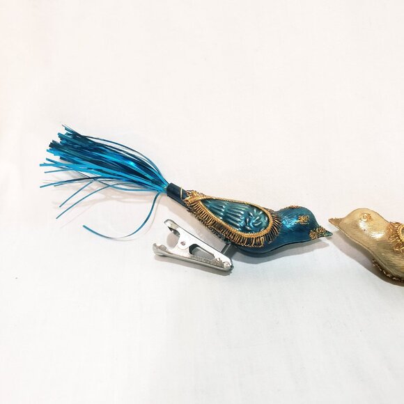 Pair Birds Clip-On Christmas Ornament 5" Vintage Plastic Tinsel Tails Gold Blue - Picture 5 of 7
